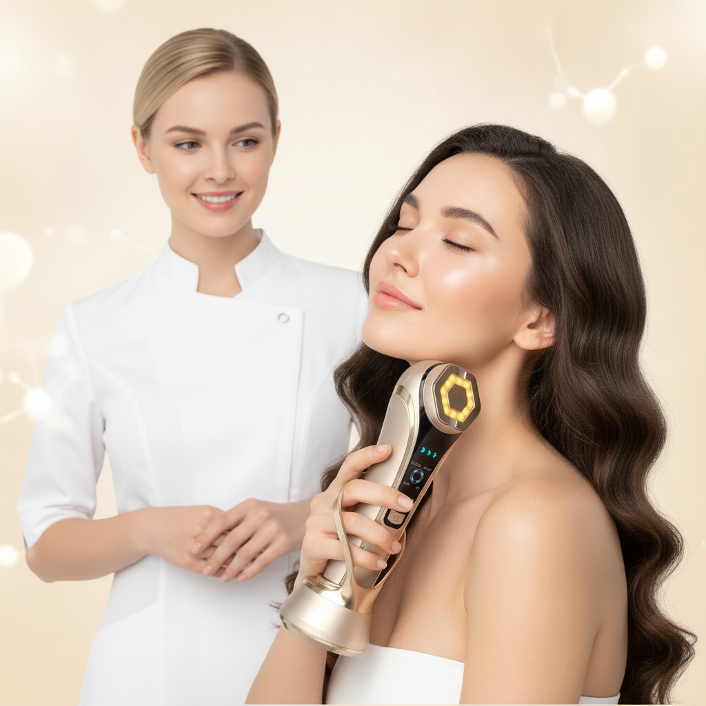 Woman using the VIVI Pro RF beauty device